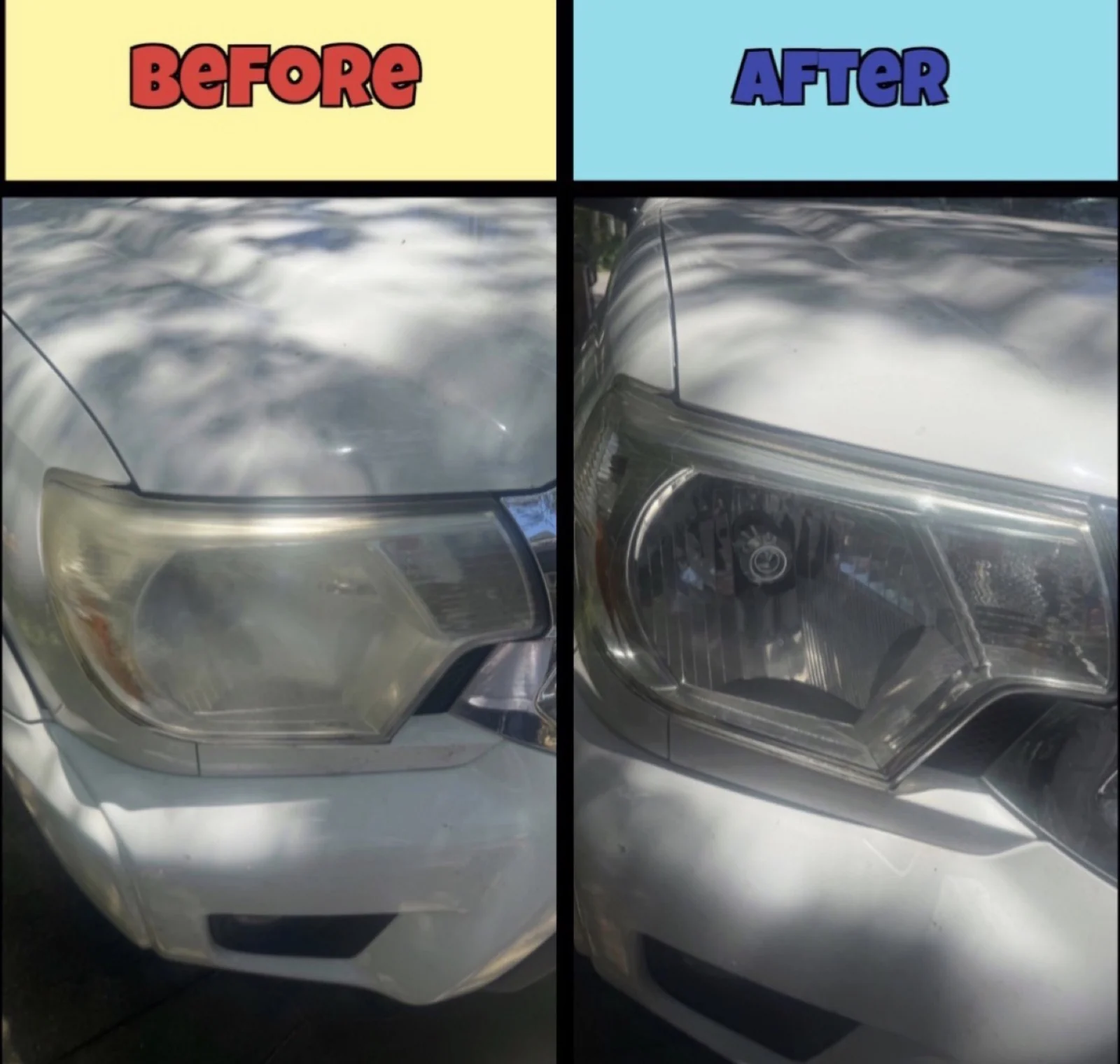 Side-by-side cloudy and clearer headlight restoration result